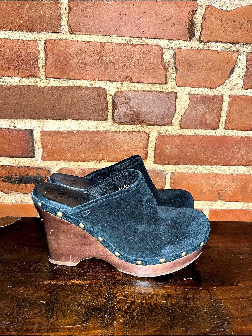 UGG Abbie Studded Wooden Wedge Clog Black with Brown Soles
